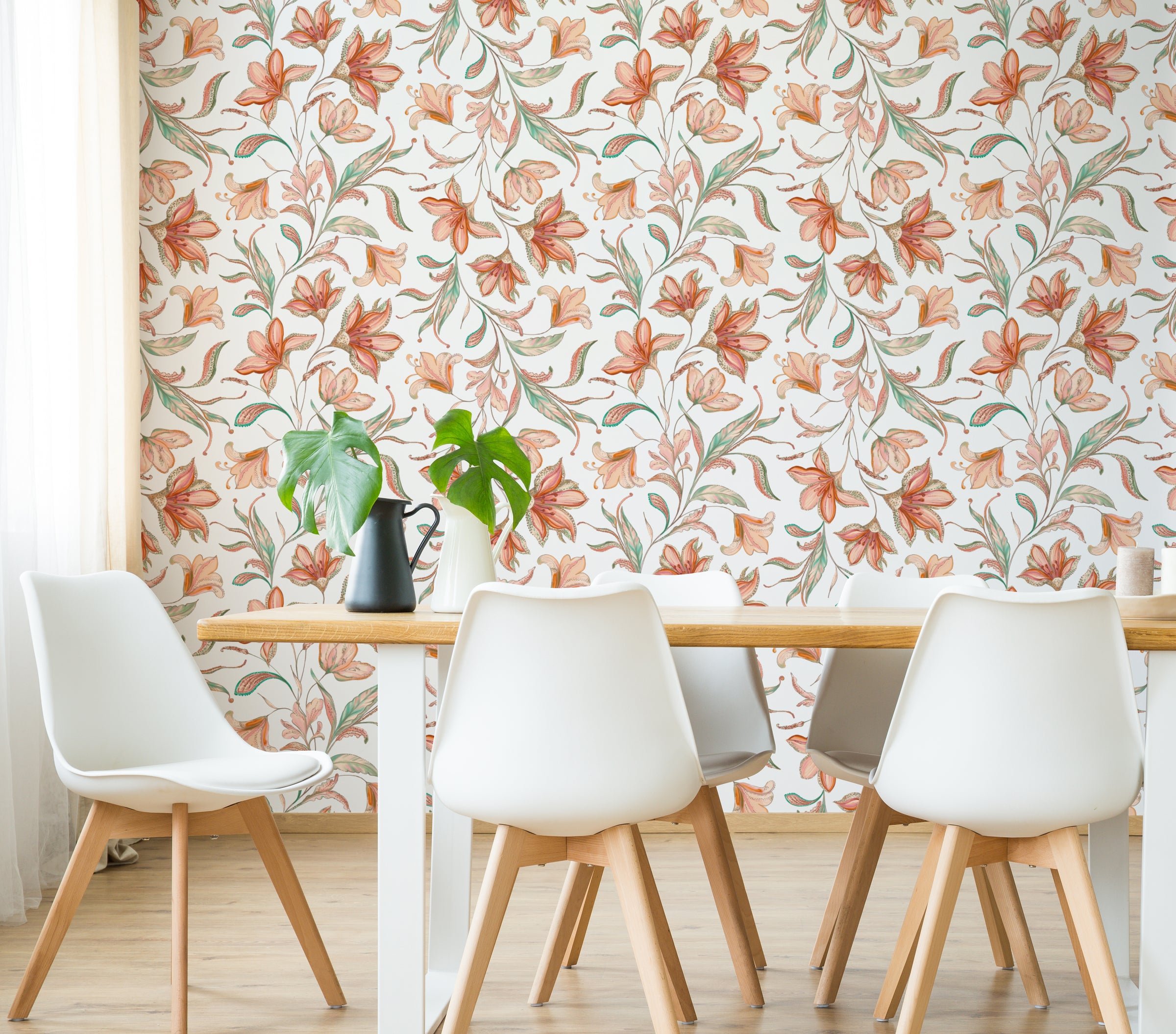 Floral Peel and Stick Wallpaper | Orange Botanical Watercolor Wallpaper
