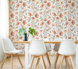 Floral Peel and Stick Wallpaper | Orange Botanical Watercolor Wallpaper