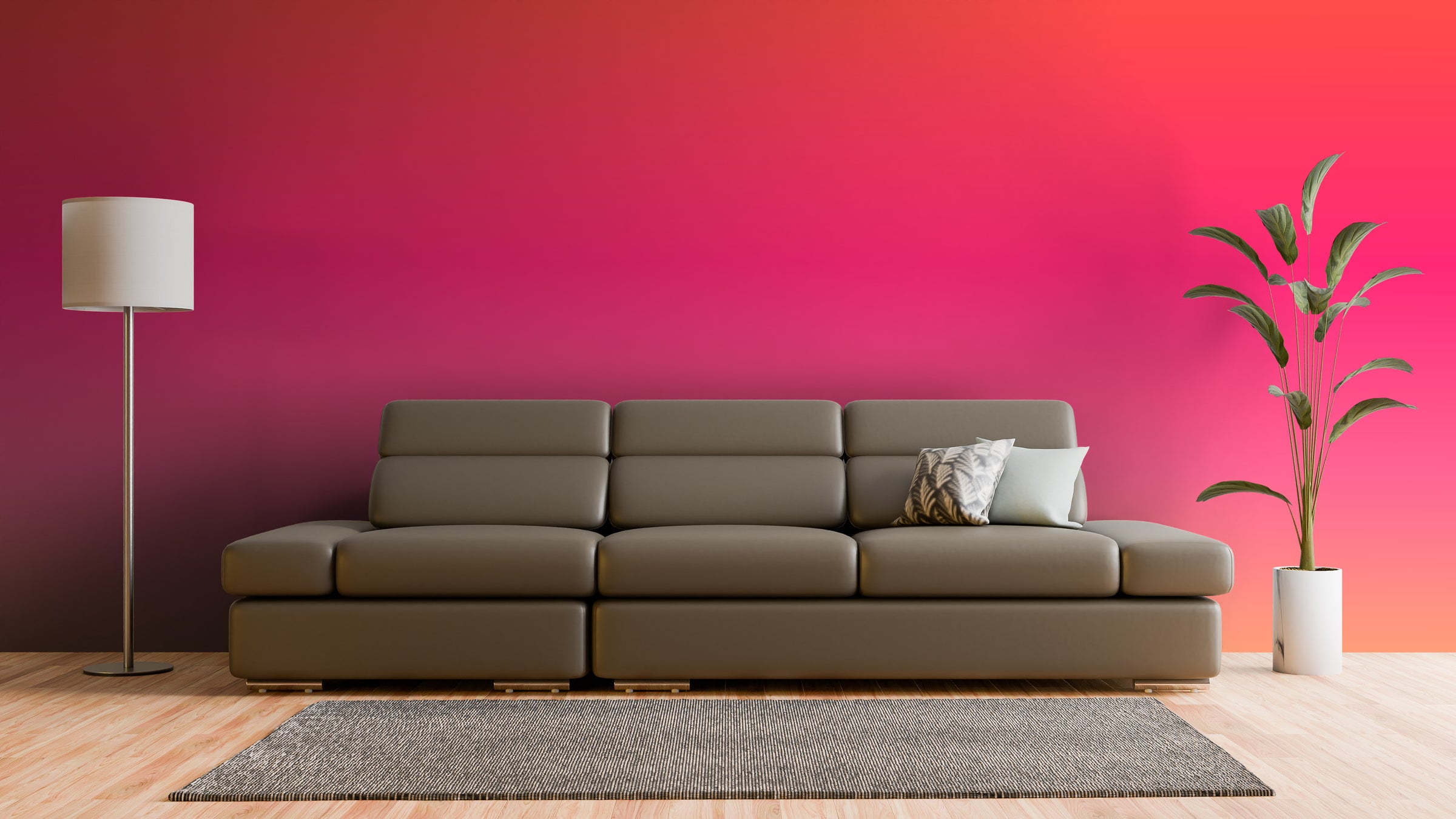 Designer seating area decor with gradient feature wall, pink orange blend, built for cozy spaces