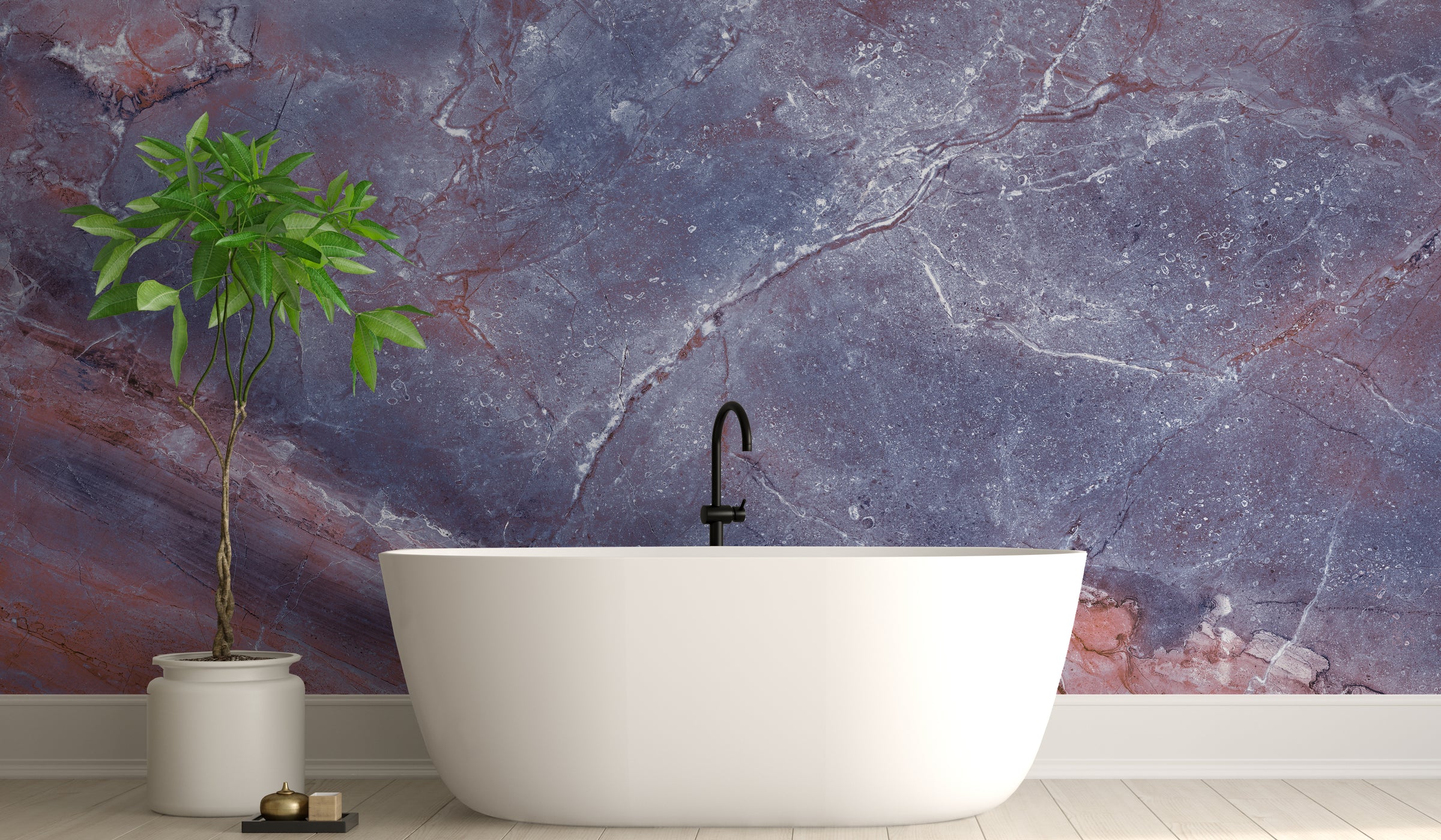 Minimalist bathroom accent wall featuring soft blue purple marble pattern wallpaper