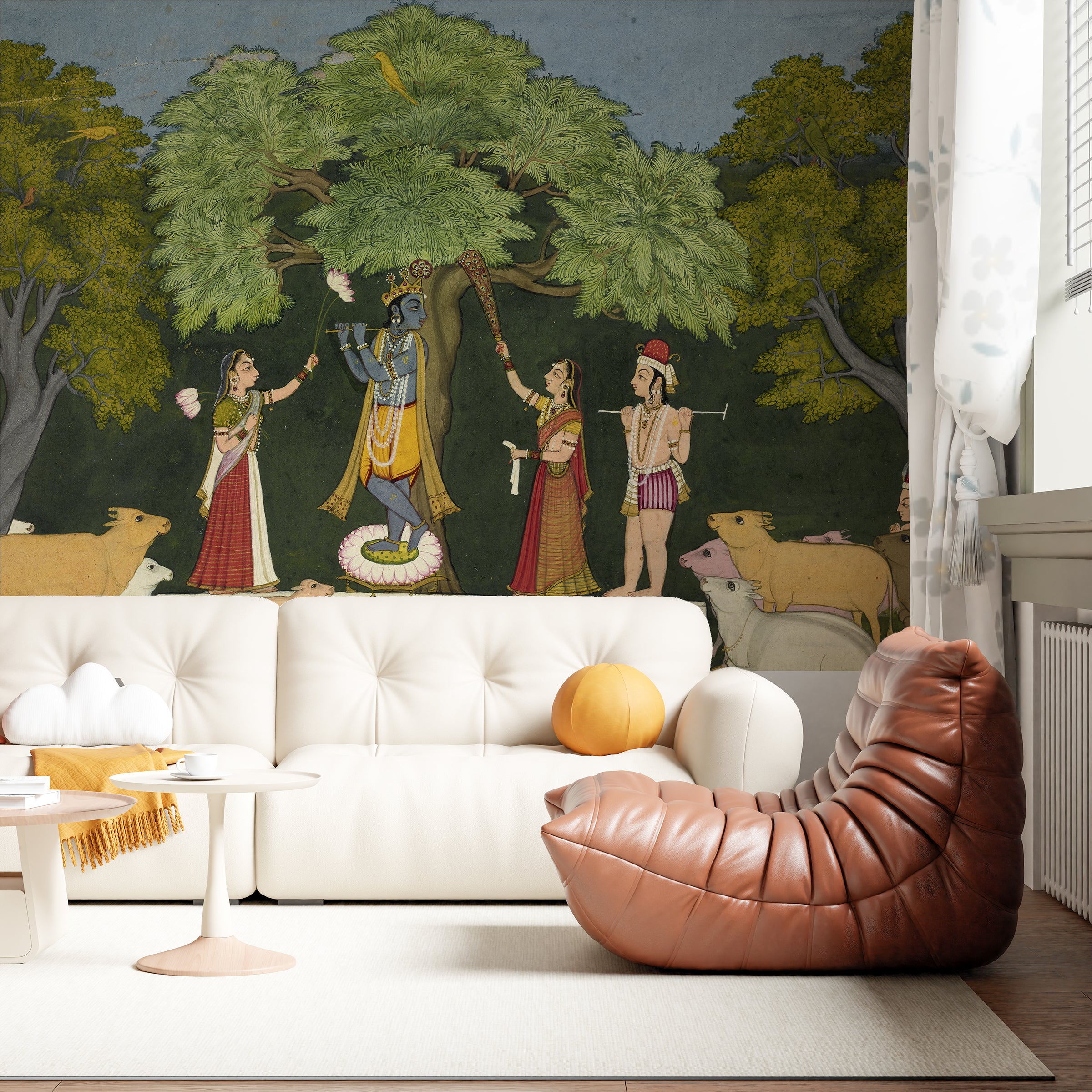 Radha Krishna Indian Miniature Art Wallpaper Peel and Stick Green Wall Mural