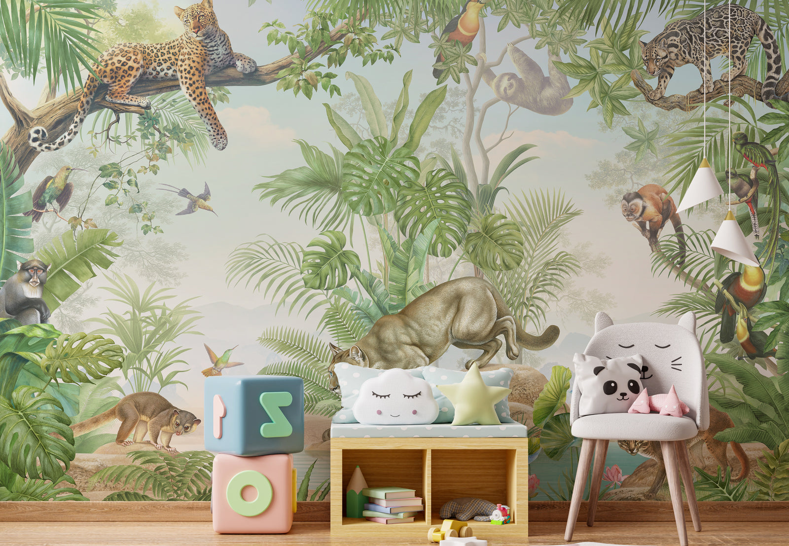 Whimsical playroom wall decor featuring jungle safari animals with exotic birds and monkeys in natural tones, ideal for creative kids environment