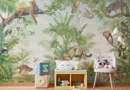 Whimsical playroom wall decor featuring jungle safari animals with exotic birds and monkeys in natural tones, ideal for creative kids environment