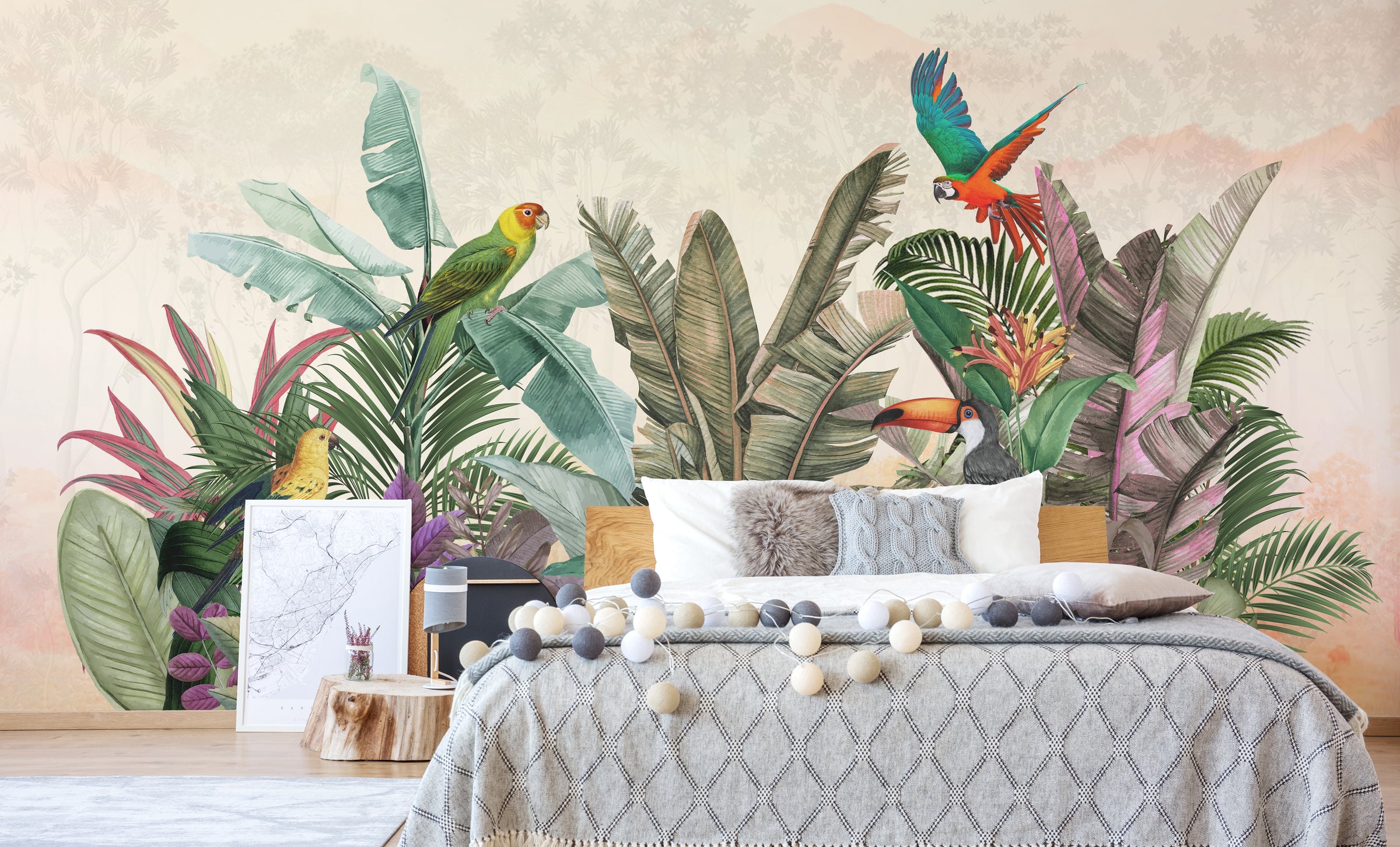 Exotic parrot jungle wallpaper with vibrant foliage pattern for stylish bedroom accent wall