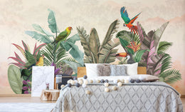 Exotic parrot jungle wallpaper with vibrant foliage pattern for stylish bedroom accent wall