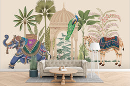 Mughal style wall design with elephant peacock and greenery for luxury lounge decor