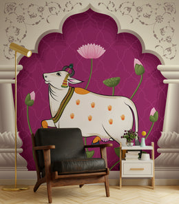 Traditional Indian sacred cow artwork with lotus accents for peaceful prayer room decor