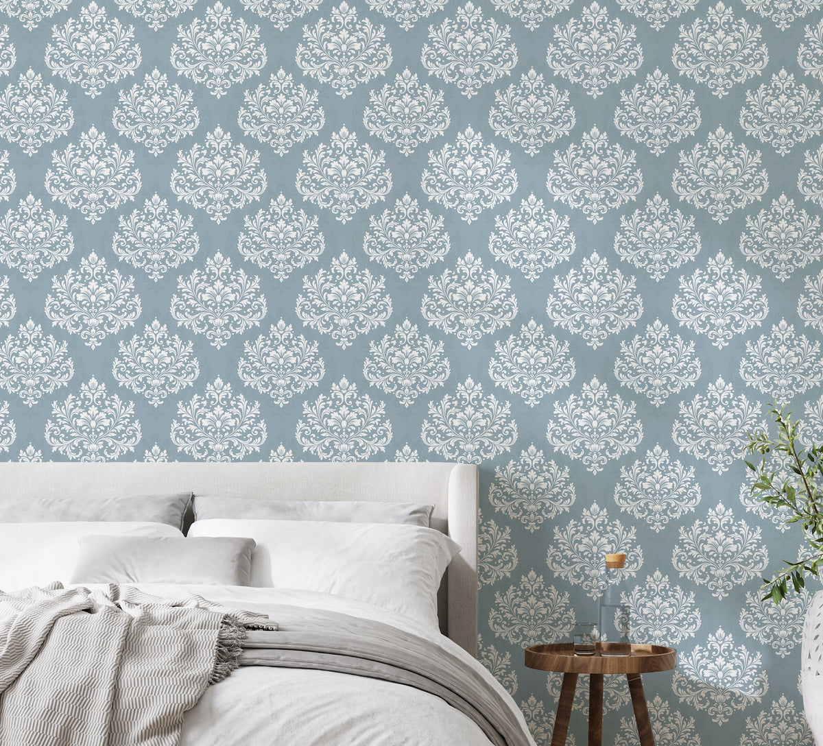 Classic Damask Pattern Wallpaper Soft Blue Ivory Peel and Stick Wall Covering