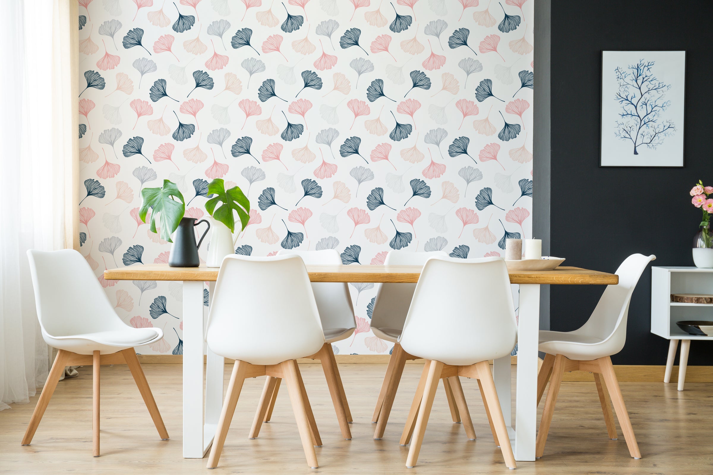 Scandinavian botanical ginkgo pattern wallpaper for contemporary dining area decoration