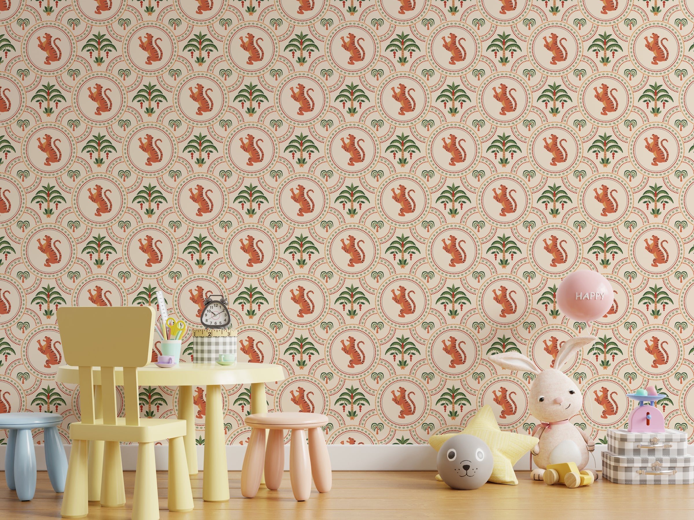 Tiger Jungle Peel and Stick Wallpaper | Terracotta And Green Safari Art | Vintage Style | Kids Room