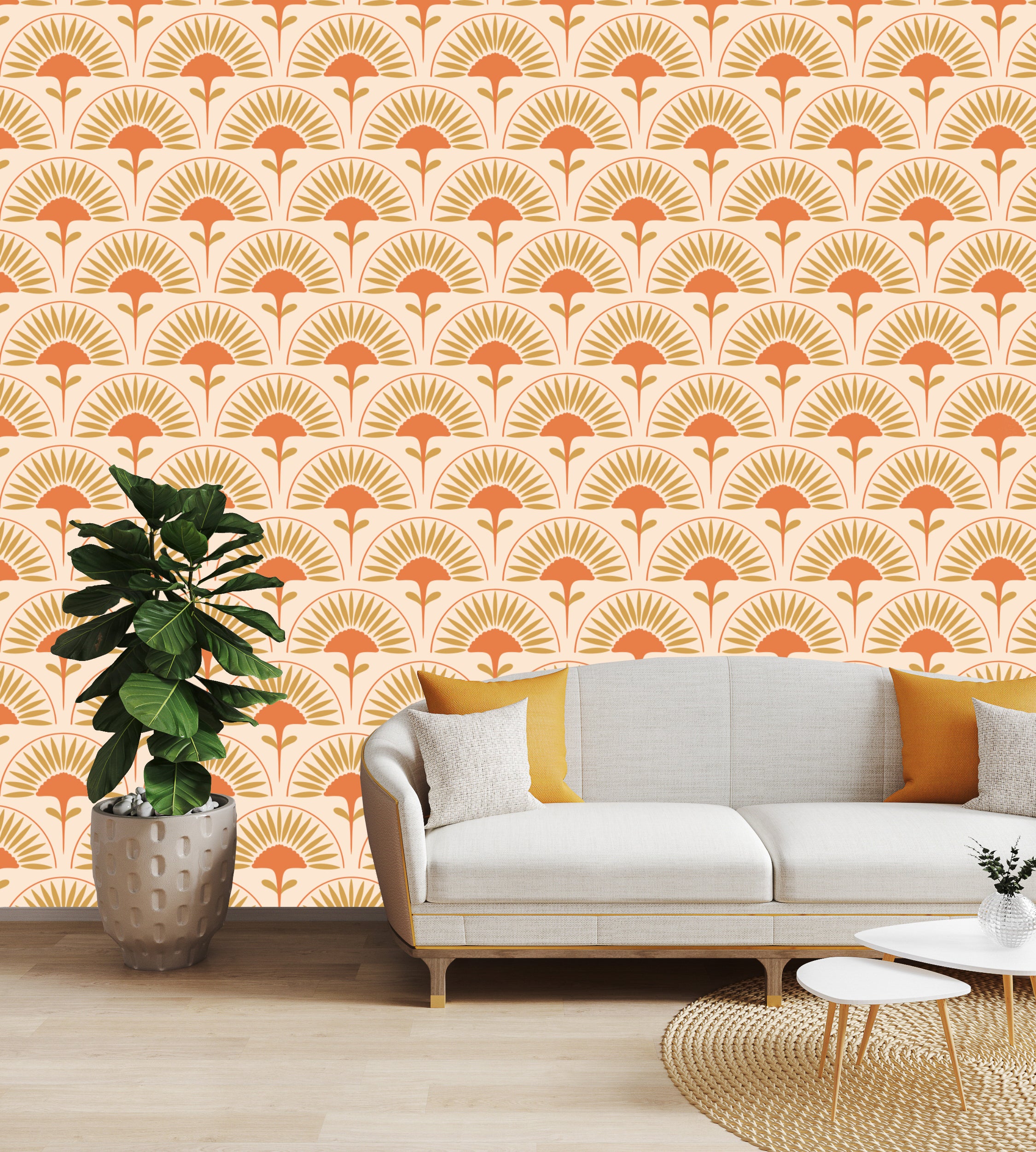 Art deco fan motif geometric wallpaper with retro orange arches for stylish living room decor