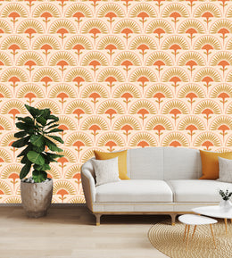 Art deco fan motif geometric wallpaper with retro orange arches for stylish living room decor