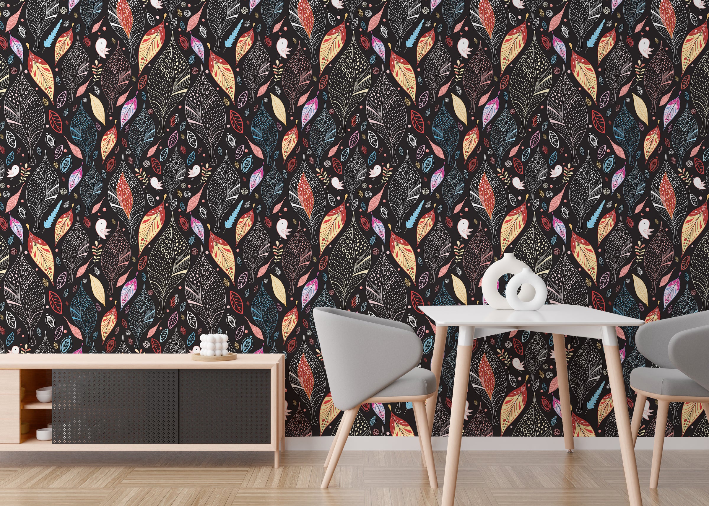 Colorful Leaf Pattern | Modern Botanical Peel and Stick Wallpaper