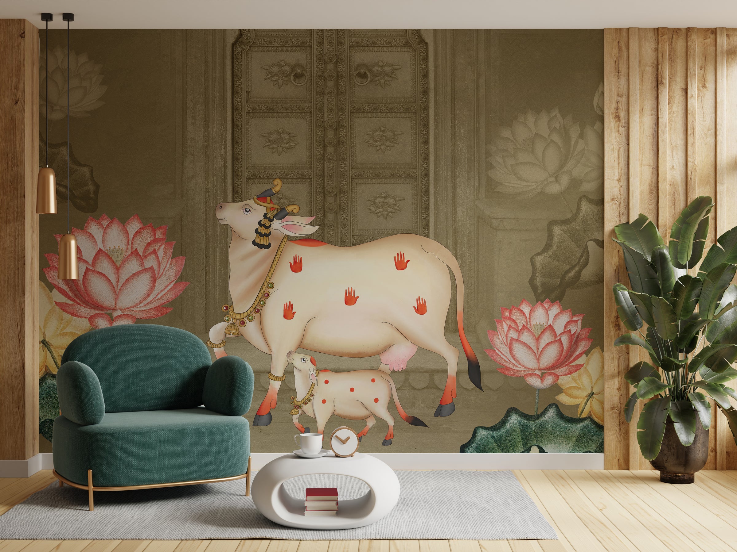 Sacred Pichwai Kamdhenu Wallpaper | Indian Cultural Removable Wall Mural