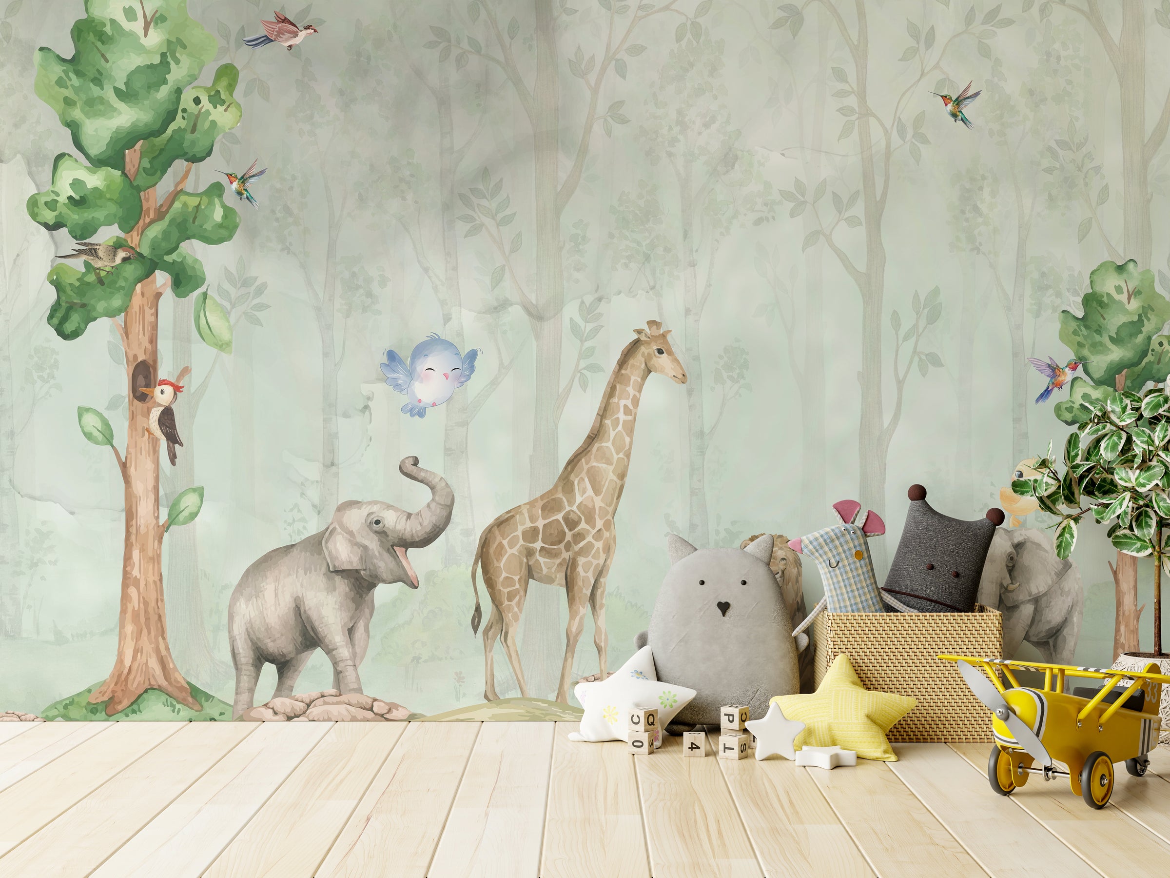 Watercolor Safari Animal Wall Mural | Green Jungle Peel and Stick Wallpaper