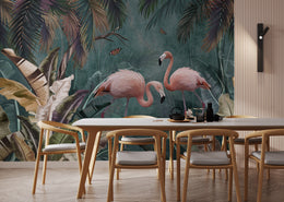 Pink Flamingo Tropical Peel and Stick Wallpaper | Teal Green Jungle Wallpaper