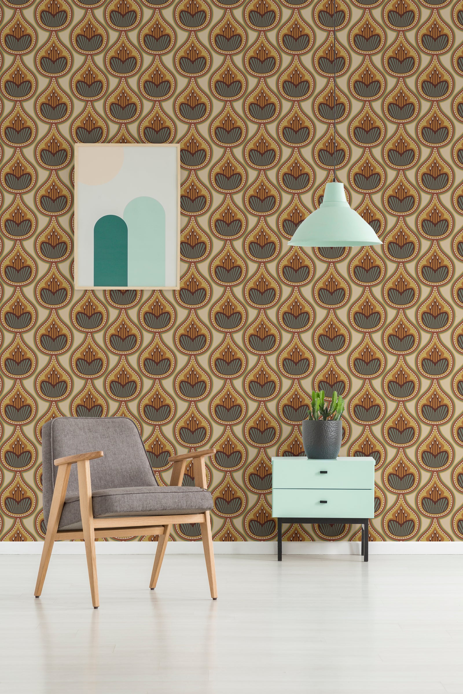 High-impact retro botanical design with geometric leaves for dramatic dining room feature wall