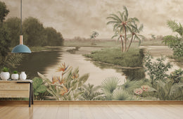 Calming riverside forest panorama bringing soothing natural escape atmosphere to cozy bedroom interiors.