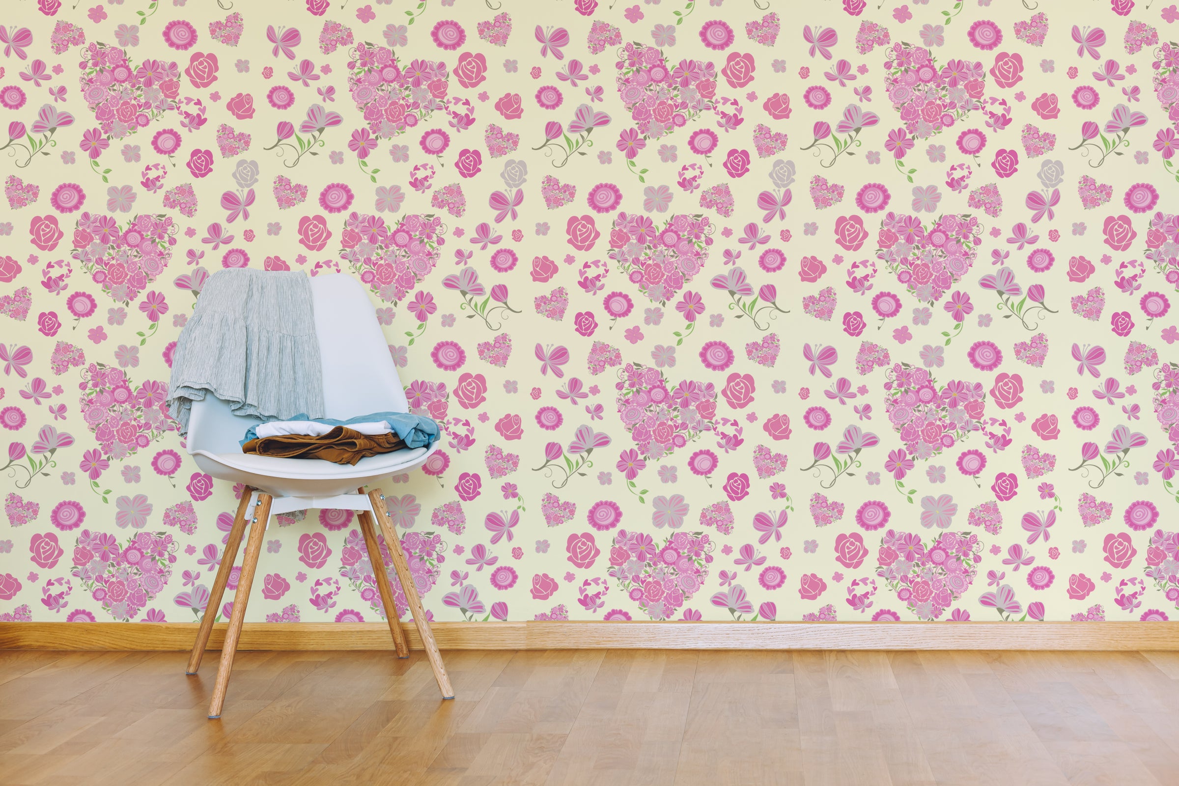 Pink Butterfly Floral Wallpaper | Pastel Heart Peel and Stick Decor