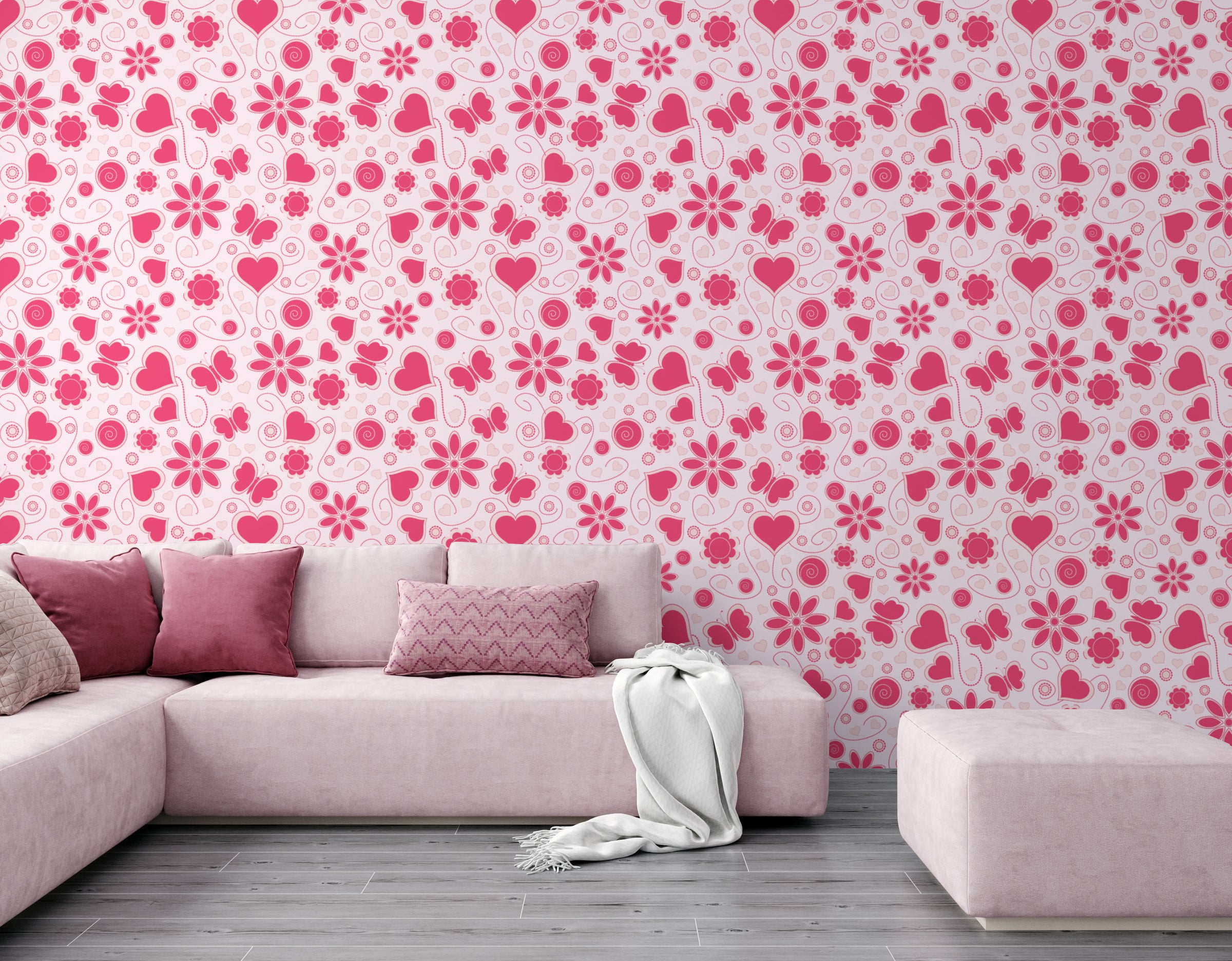 Pink Floral Heart Pattern Wallpaper | Bedroom Removable Home Decor