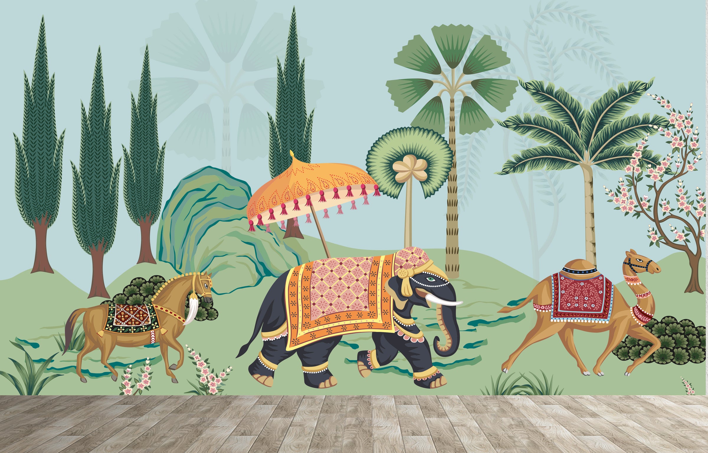 Exotic Indian mural with elephant and camel motifs enhancing upscale lounge interior