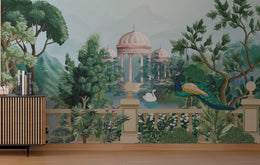 Elegant living room wall decor featuring pastel green peacock palace garden wallpaper mural