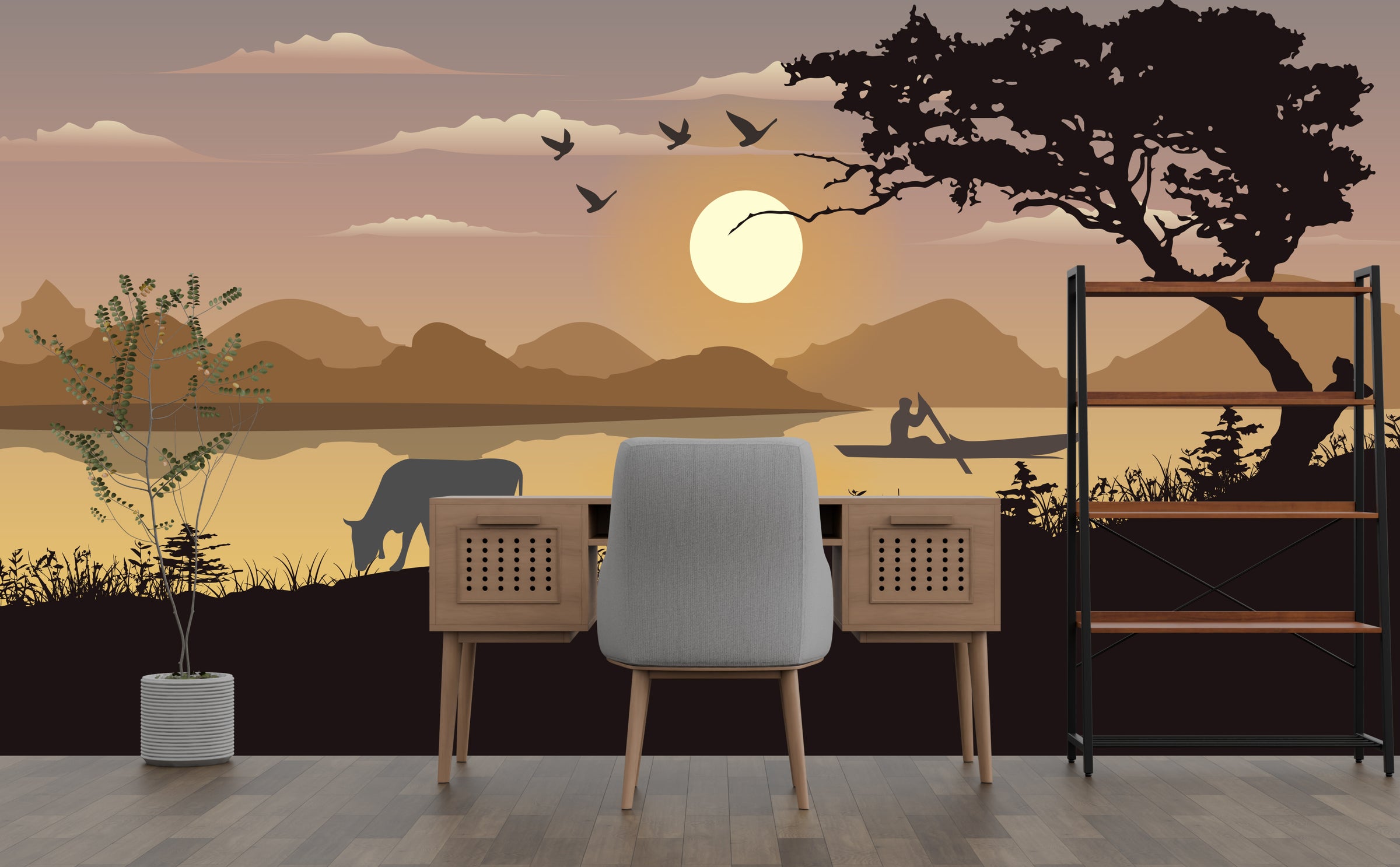 Scenic lake wallpaper with birds and boat silhouettes, vibrant sunset tones, office interior decor