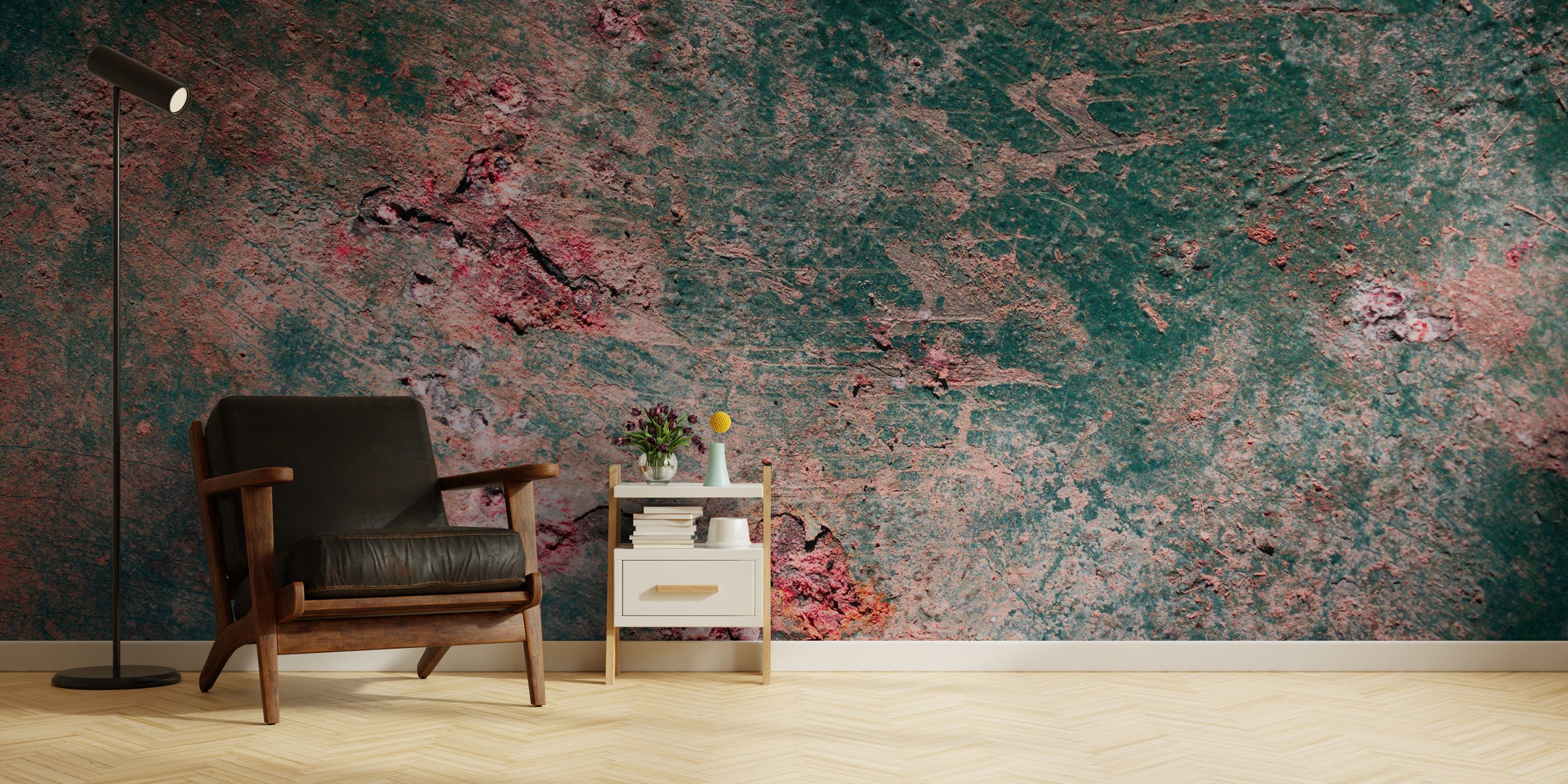 Industrial Grunge Metallic Wallpaper | Green and Pink Removable Wall Mural