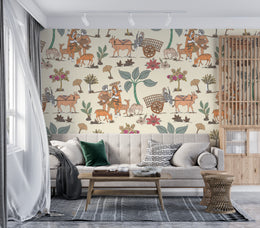 Indian folk art wallpaper with village scene, animals, earthy tones for living room decor