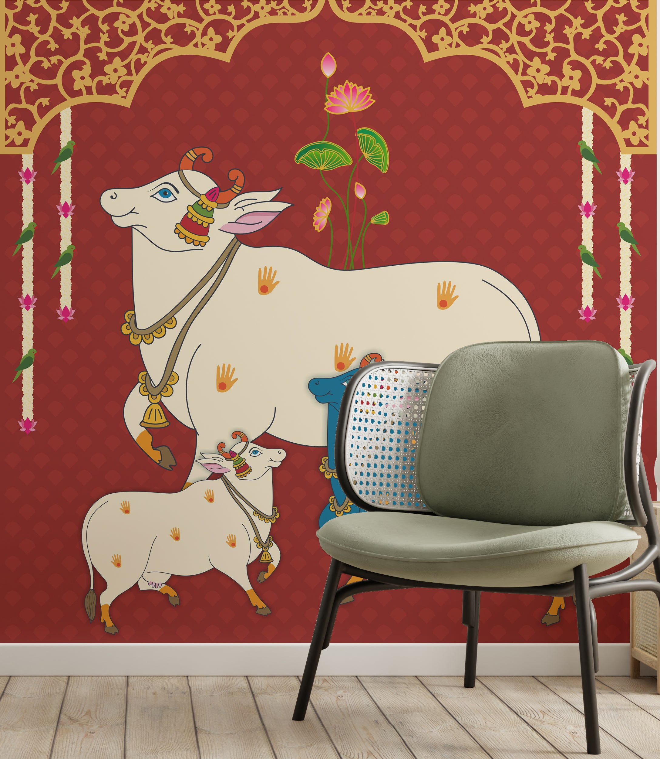 Heritage Indian cow artwork with ornate detailing for grand entryway wall decor