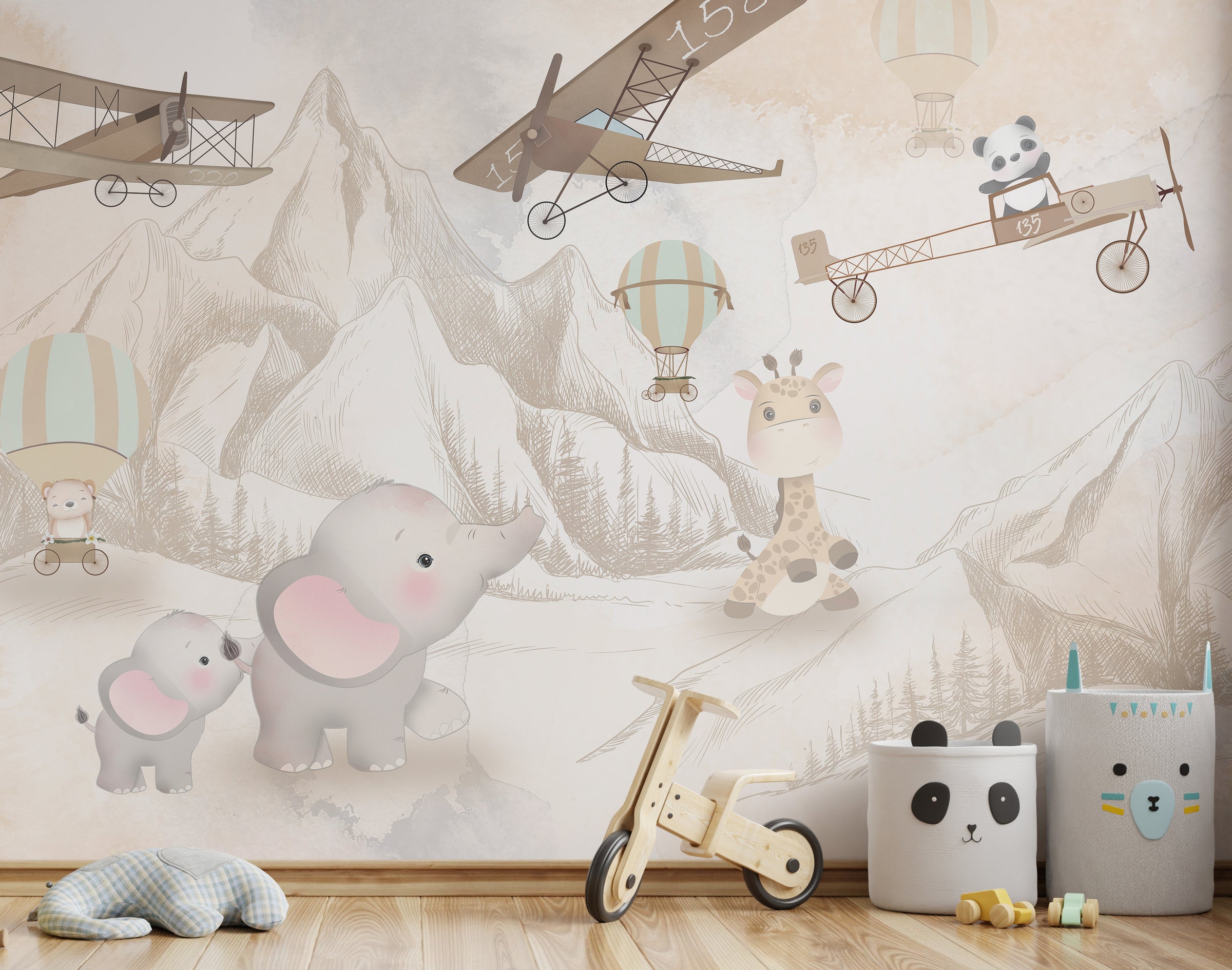 Neutral Safari Animal Nursery Wallpaper | Airplane and Balloon Peel and Stick Vinyl