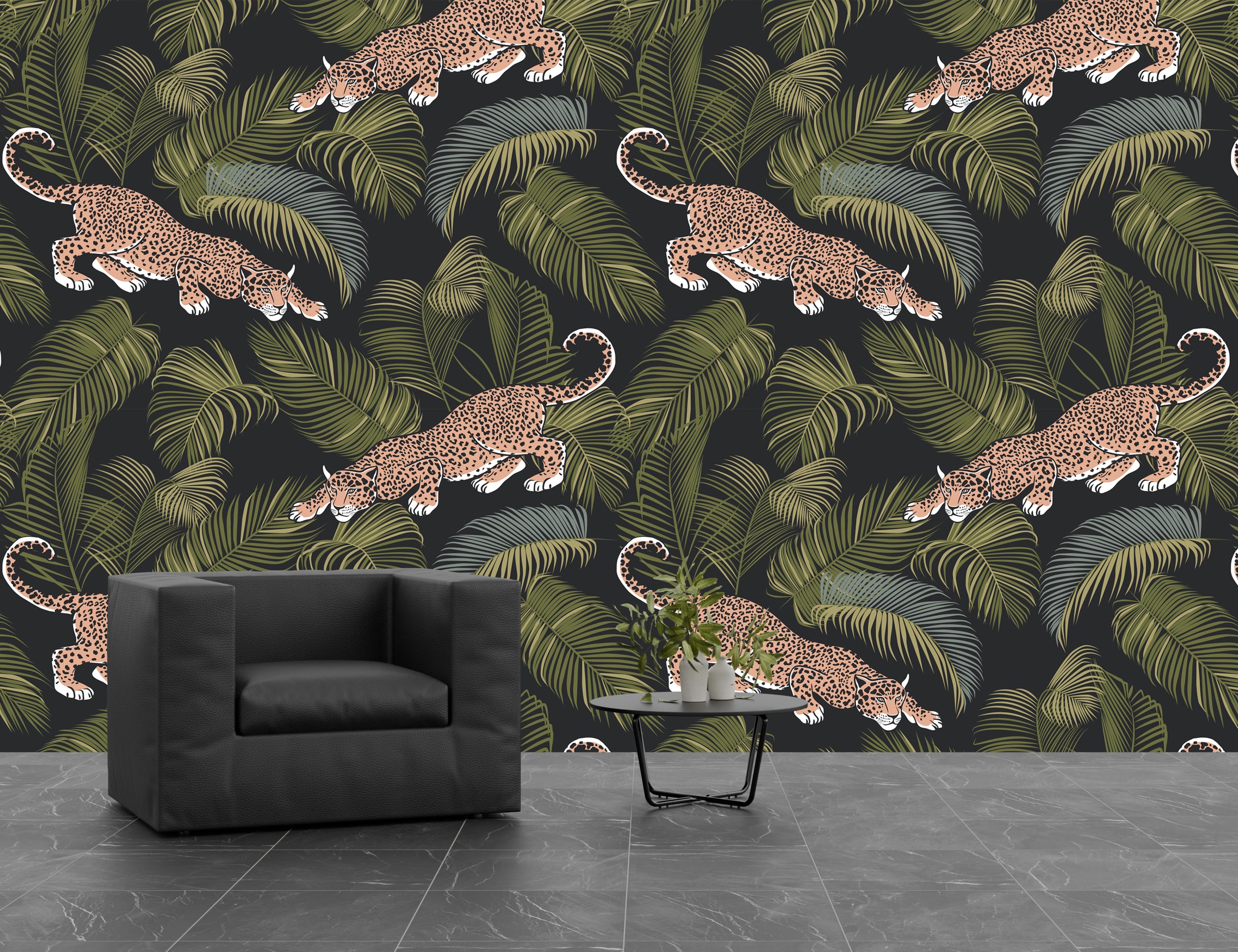 Dramatic jungle leopard design with lush foliage creating statement home office wall decor