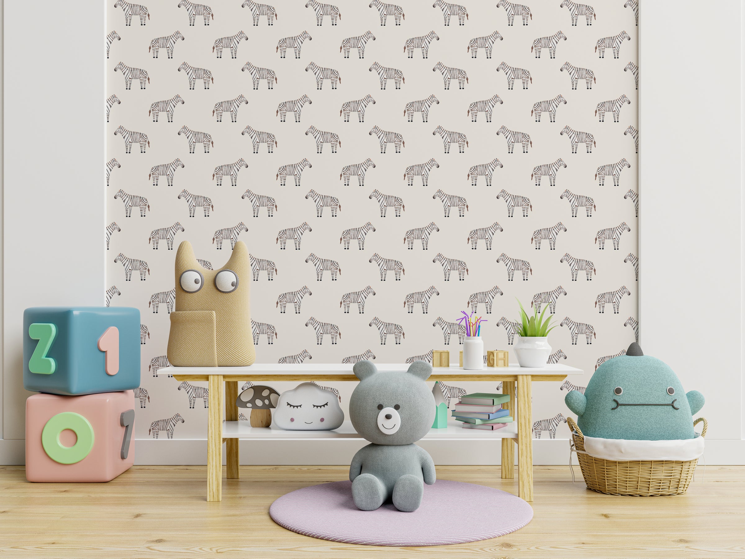 Designer house ambiance showcasing exotic zebra illustration wall decor generating striking visual statement inside trendy children spaces