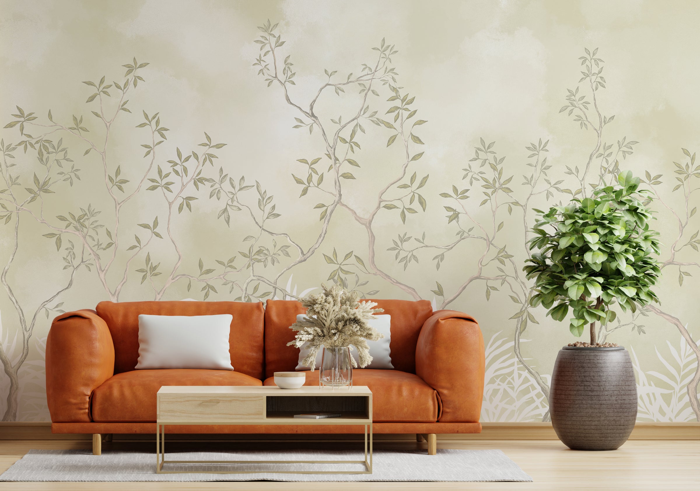 Leafy branch artwork enhancing modern apartment living room wall decor