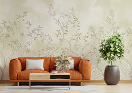 Leafy branch artwork enhancing modern apartment living room wall decor