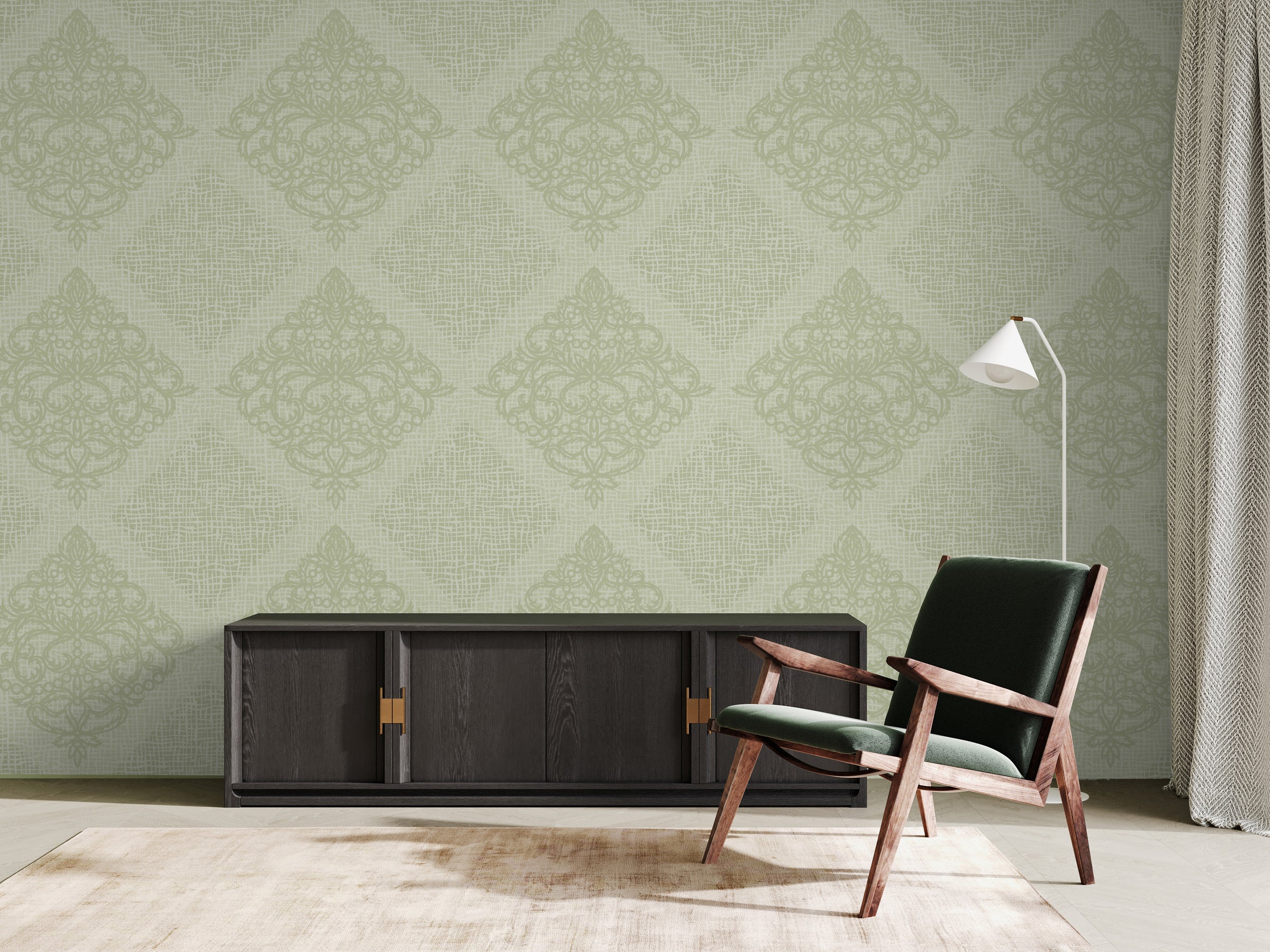 Premium removable wallpaper with green damask design for home office accent wall