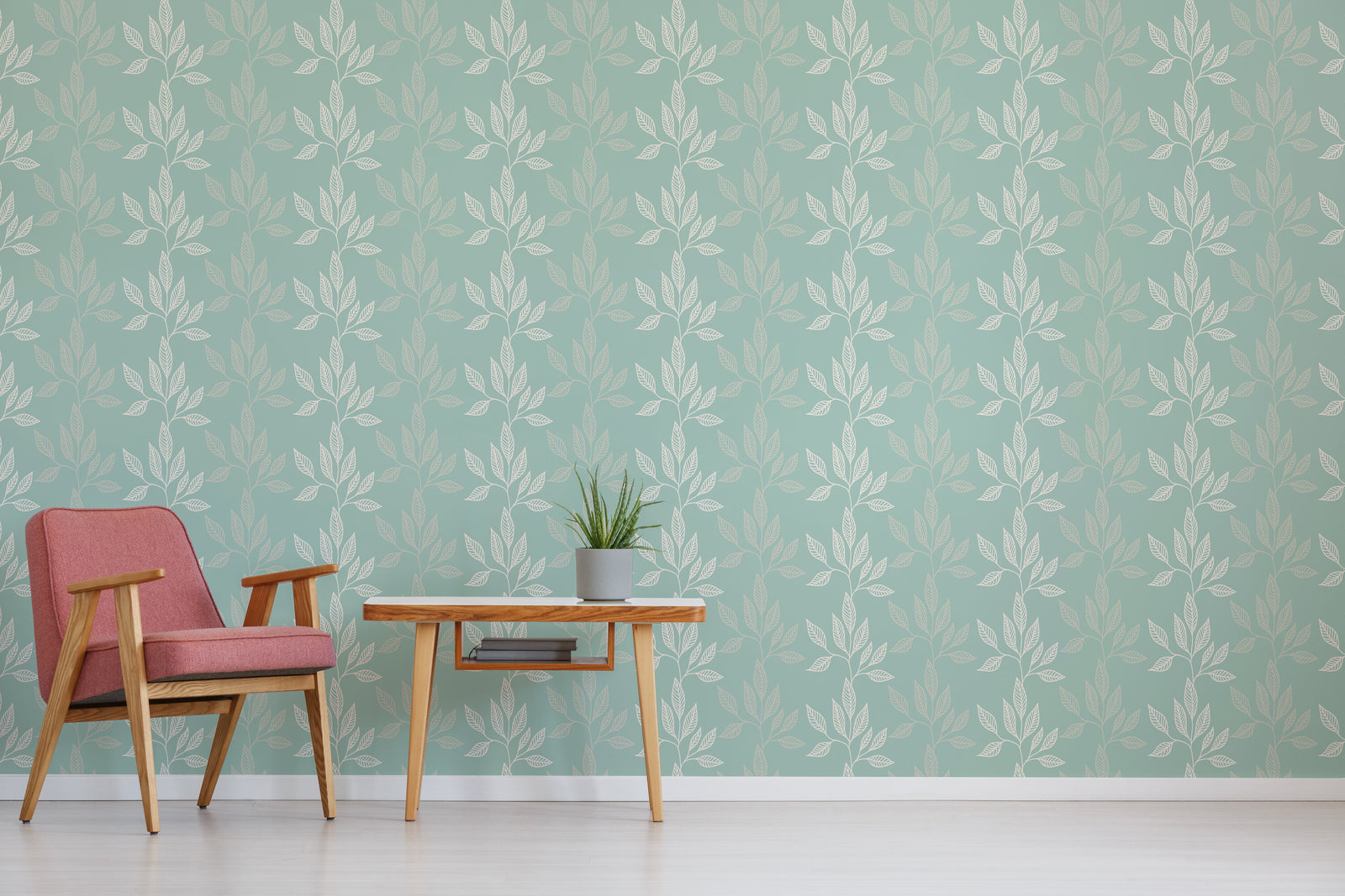 Sage Green Botanical Leaf Wallpaper | Modern Peel and Stick Wall Decor