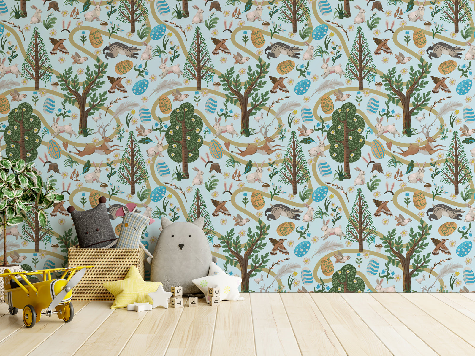 Forest animals with Easter eggs wall design, gentle colors for kids bedroom interior decor