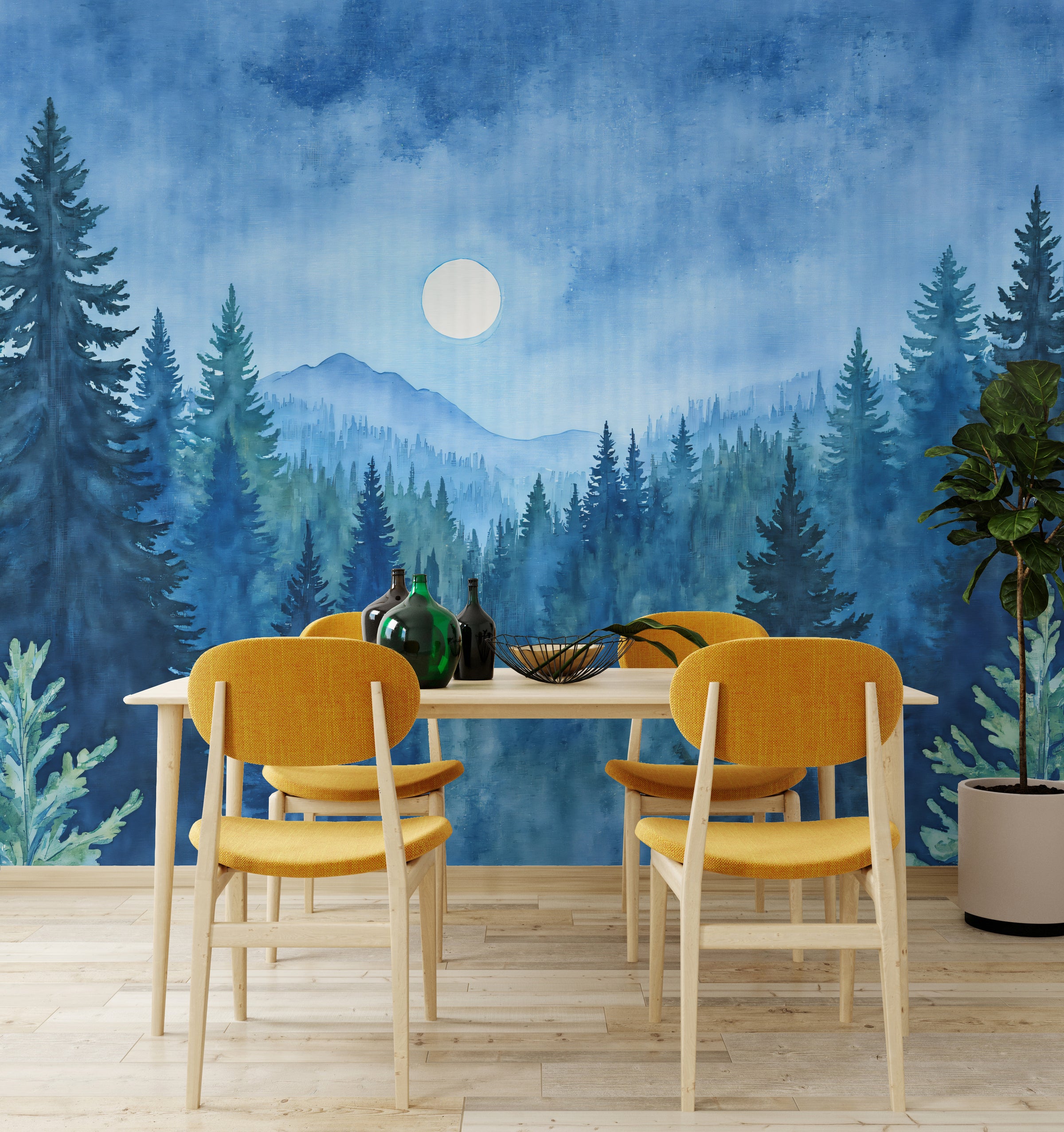 Aesthetic dining room wall mural featuring misty blue forest scenery, perfect for contemporary dining interior