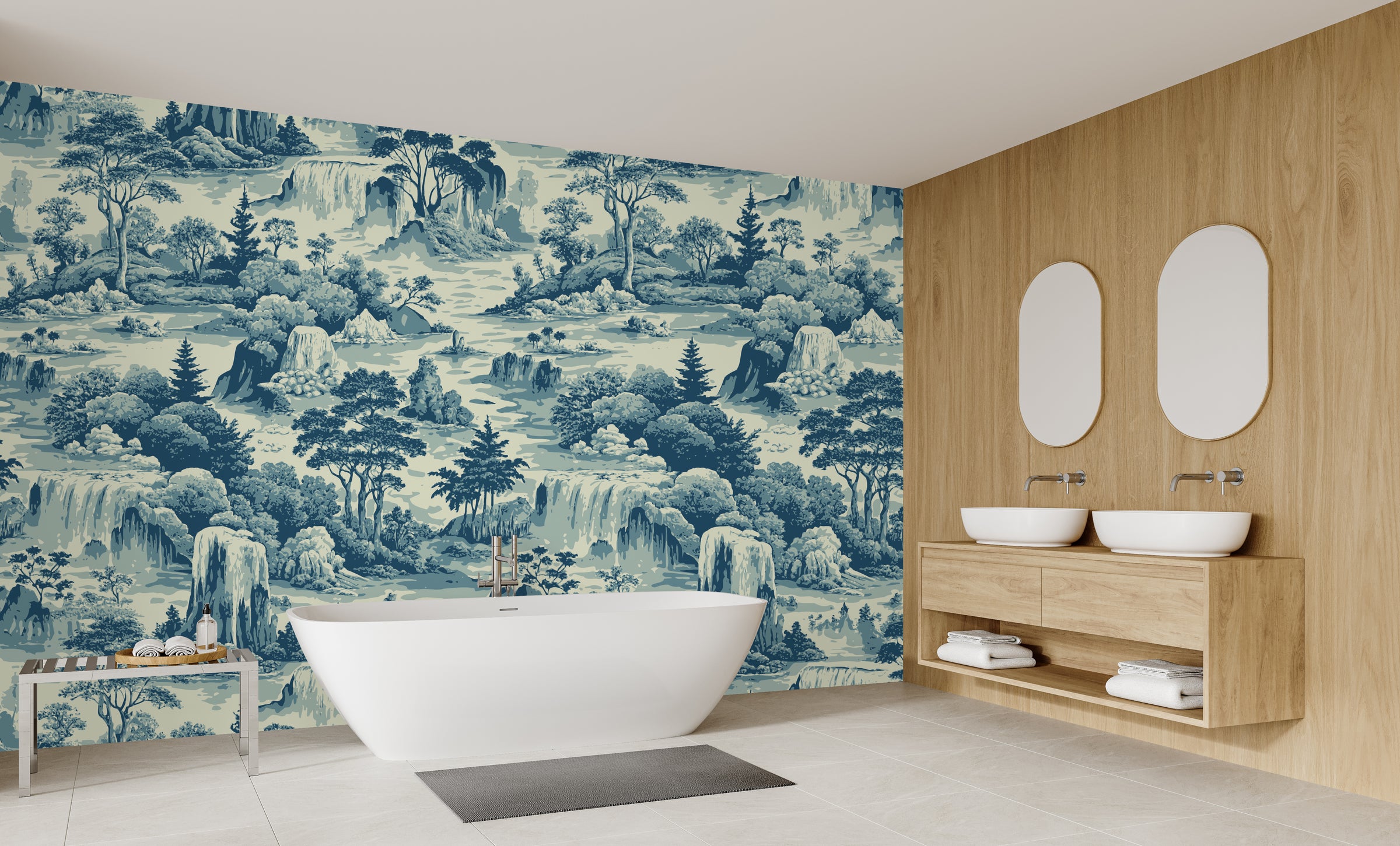 Blue toile waterfall mural with calming forest, serene bathroom accent wall design