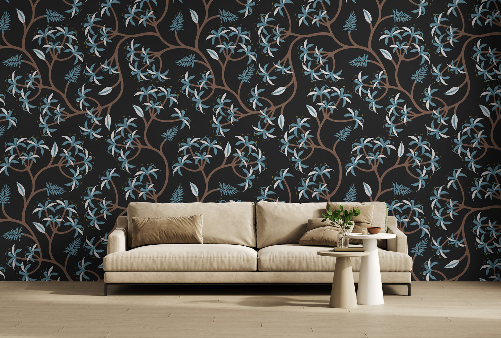 Sophisticated lounge area accent wall wallpaper with dark floral vines and subtle blue leaf accents