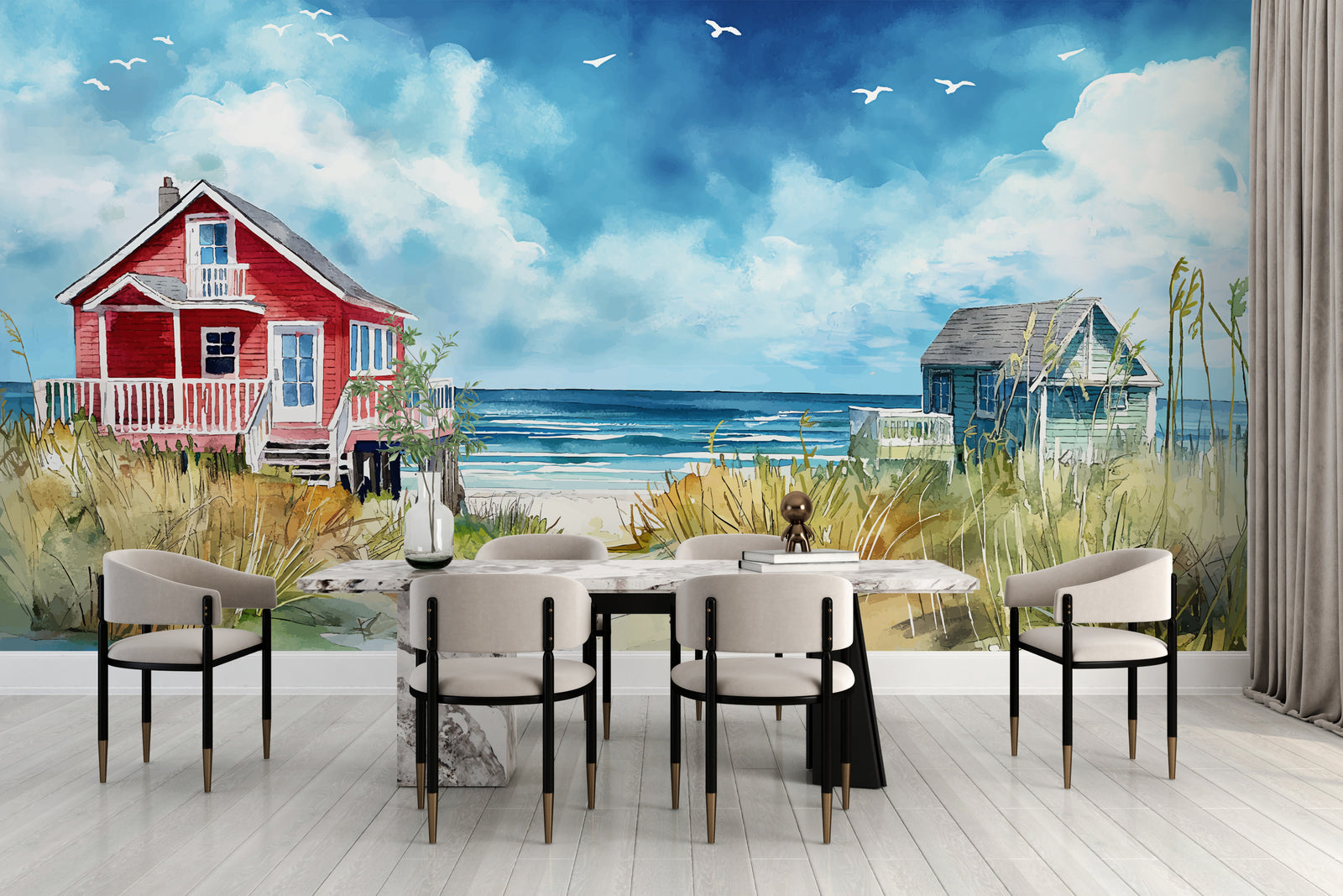 Soft coastal mural with beach houses and ocean view for cozy dining wall