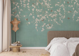 Branches Birds Green Design Vintage Wallpaper