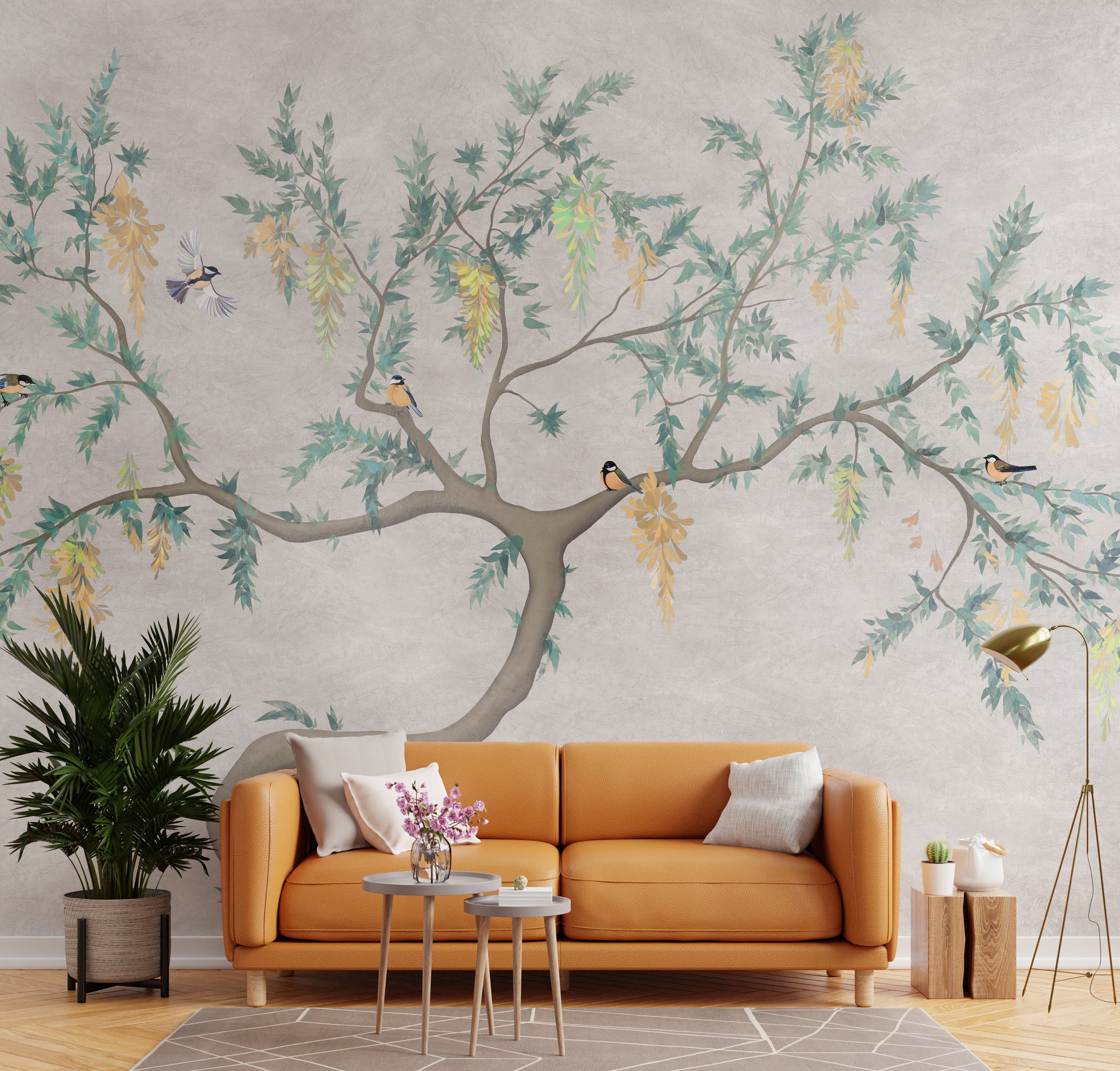 Flowering Tree Birds Japandi Wallpaper | Beige Peel-and-Stick Nature Mural