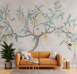 Flowering Tree Birds Japandi Wallpaper | Beige Peel-and-Stick Nature Mural