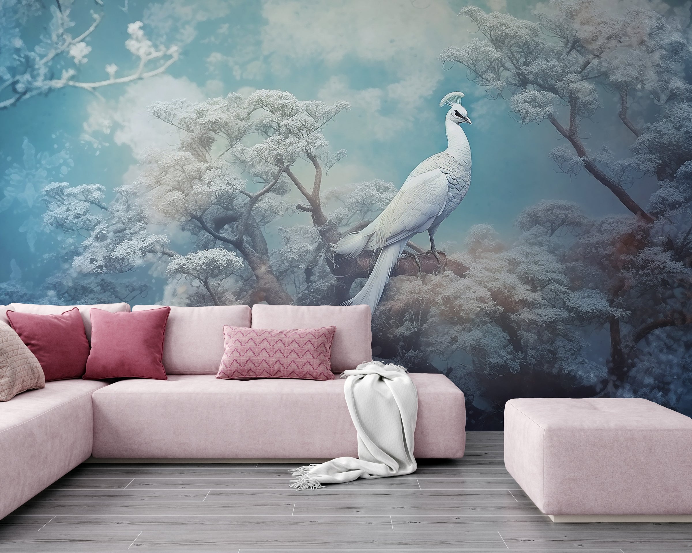 Winter Blue Forest Mural | White Peacock Art Removable Wallpaper