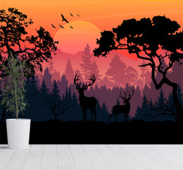 Nature-themed wall mural with warm sunset hues, ideal for creative bathroom decor.