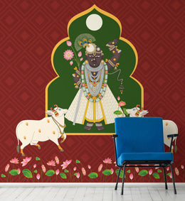 Premium Krishna wallpaper with temple frame and cows, rich red and gold tones, lounge decor