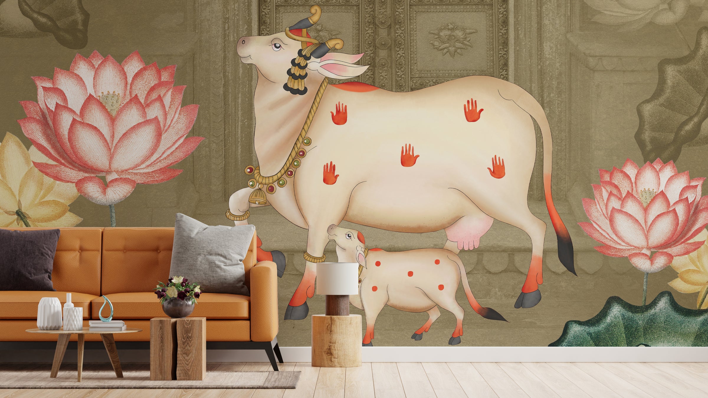 Sacred Pichwai Kamdhenu Wallpaper | Indian Cultural Removable Wall Mural