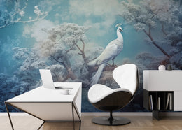 Winter Blue Forest Mural | White Peacock Art Removable Wallpaper